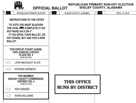 Shelby County 2016 Republican runoff sample ballot